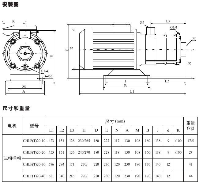 不锈钢多级离心泵安装图、尺寸及重量