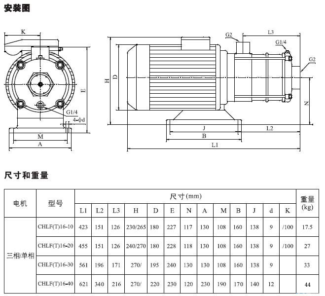 不锈钢多级离心泵安装图、尺寸及重量