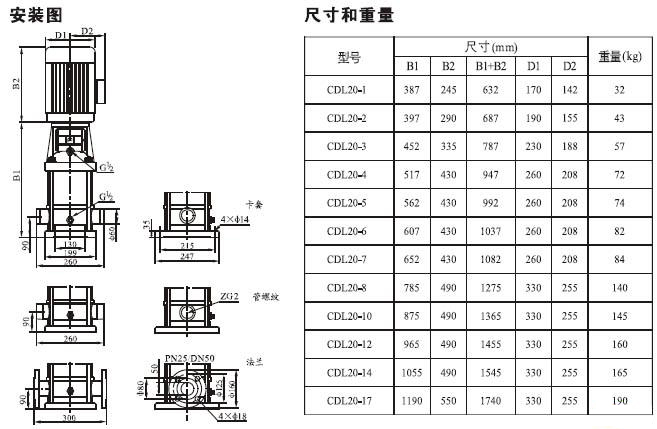 CDL型立式多级离心泵安装尺寸图